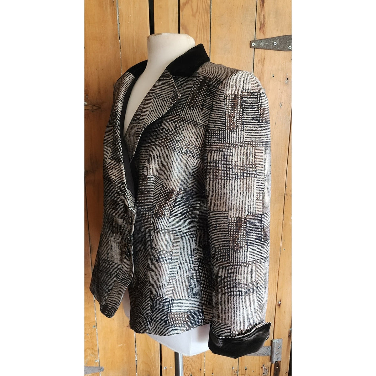 Armani Collezioni Blazer Silver Black Jacket Jacquard Print Asymmetrical Buttons Large