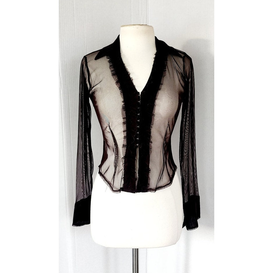 Vintage 90s Sheer Blouse Brown Mesh Ruffled Front