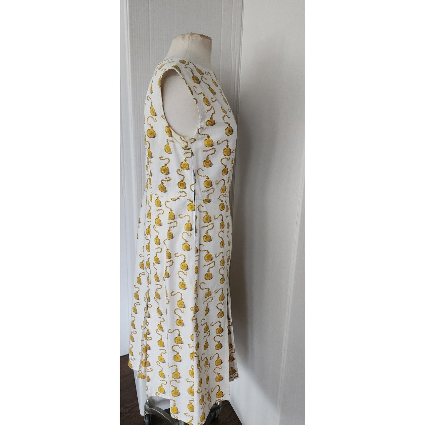 Vintage 60s Clocks Novelty Print Dress + Jacket Set Gold Pocket Watch