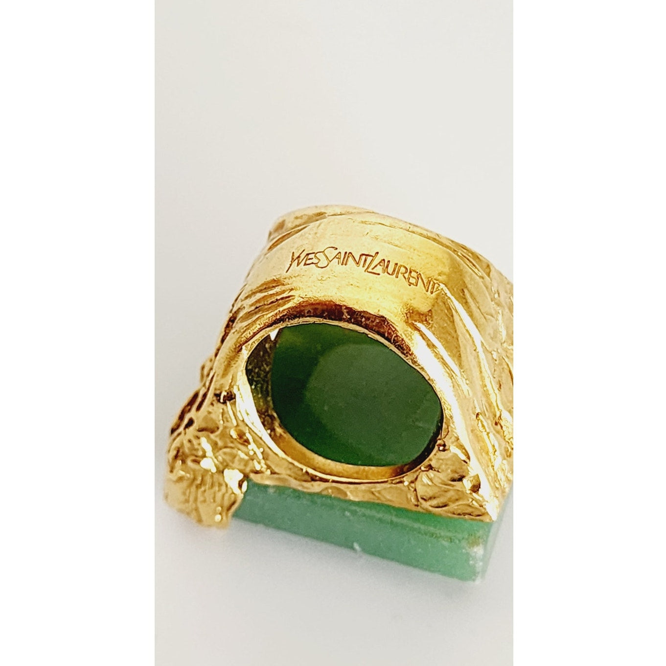 Vintage Yves Saint Laurent Arty Ring Green Aventurine Stone Chunky Gold Base
