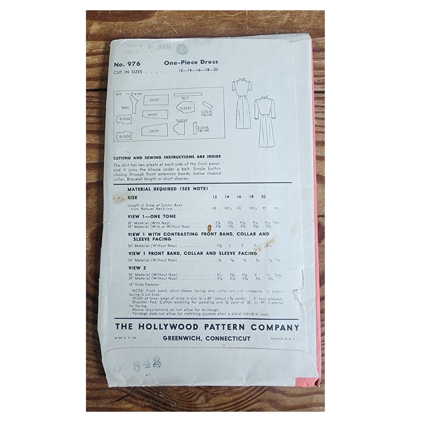 Vintage 1940s Sewing Pattern Origina: Dress Janet Blair Hollywood Pattern 976