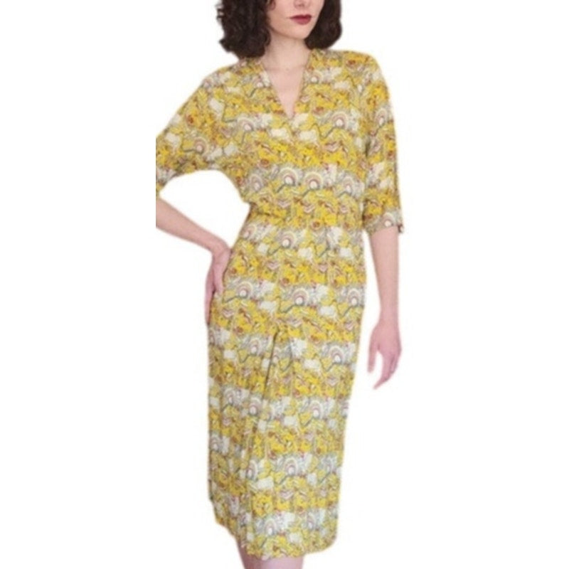 Vintage 40s Yellow Rayon Novelty Print Midi Dress XS