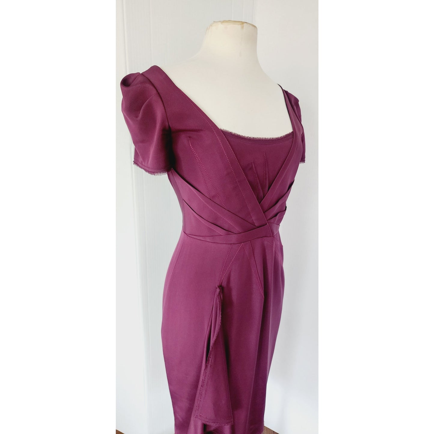 Vintage Y2K Zac Posen Dress Plum Purple with Side Waterfall Scarf NWT