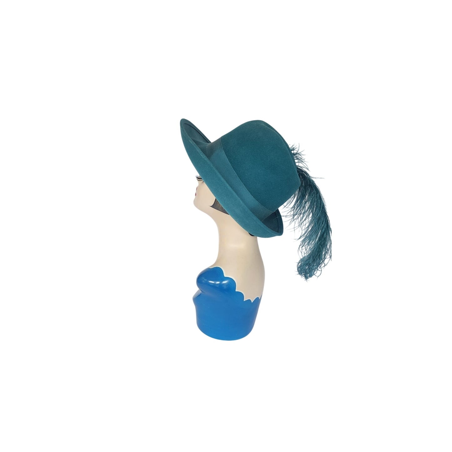 Vintage 1970s Teal Blue Wool Hat w/Large Feather by Gotham NWT