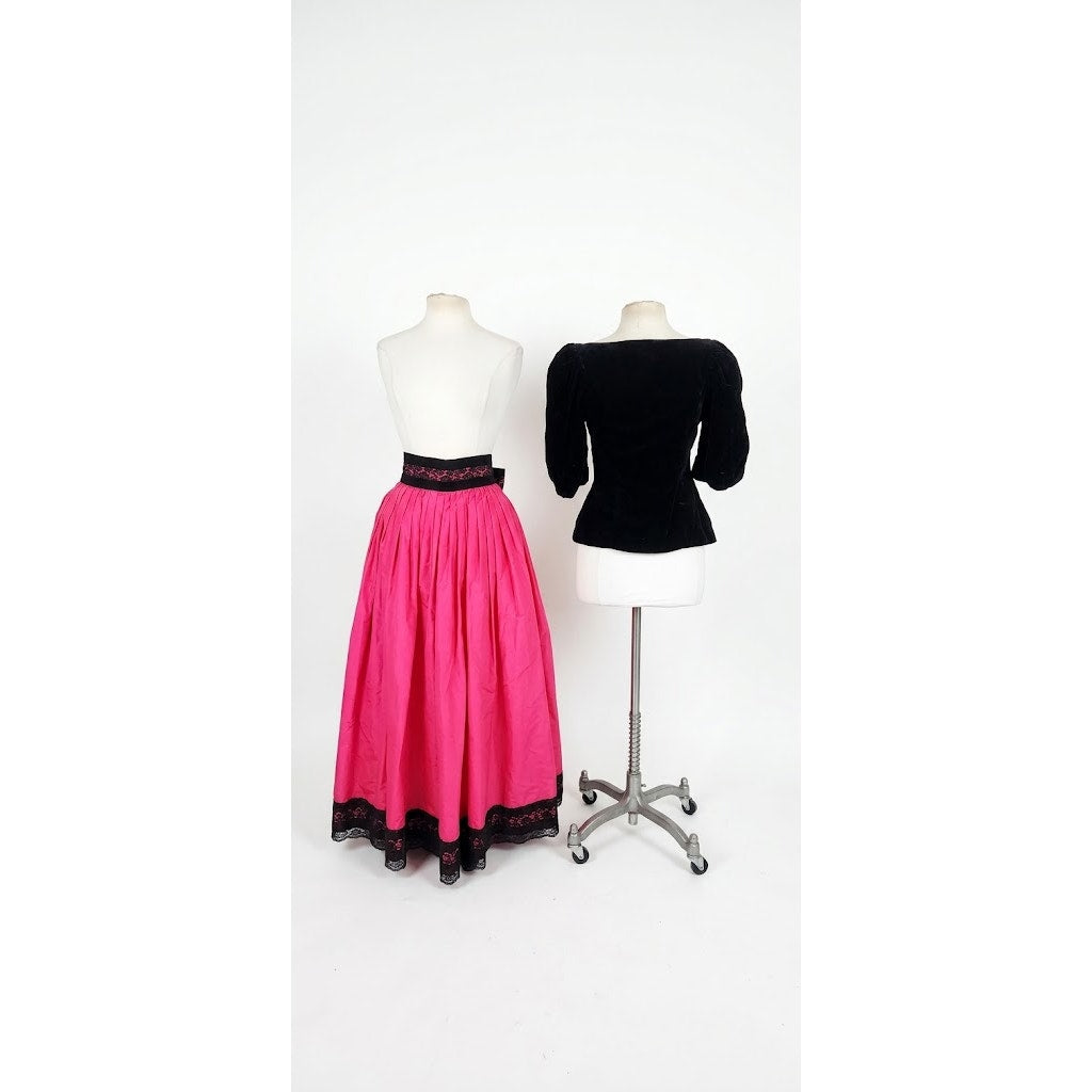 Vintage 1980s Oscar de la Renta Black Velvet Top Fuschia Pink Satin Maxi Skirt Set Miss O