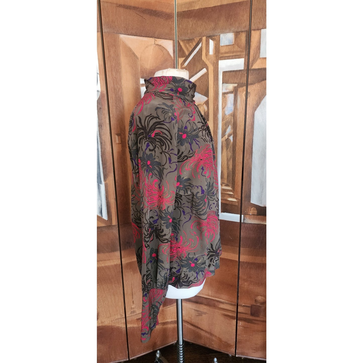 Vintage 80s CHLOE LAGERFELD Blouse Dark Floral Silk Blouse High Neck Long Sleeve
