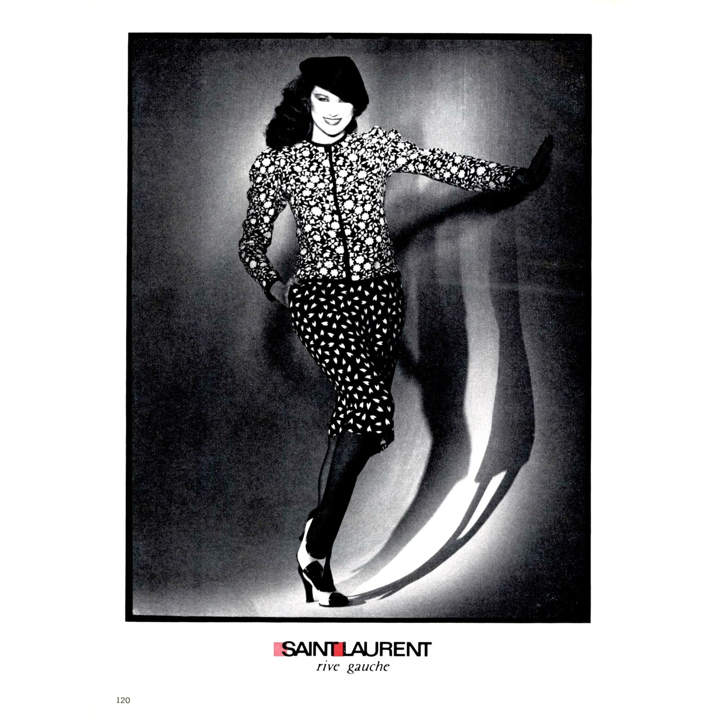 Vintage 1970s Yves Saint Laurent Skirt Suit Heart Print Silk Black White / S