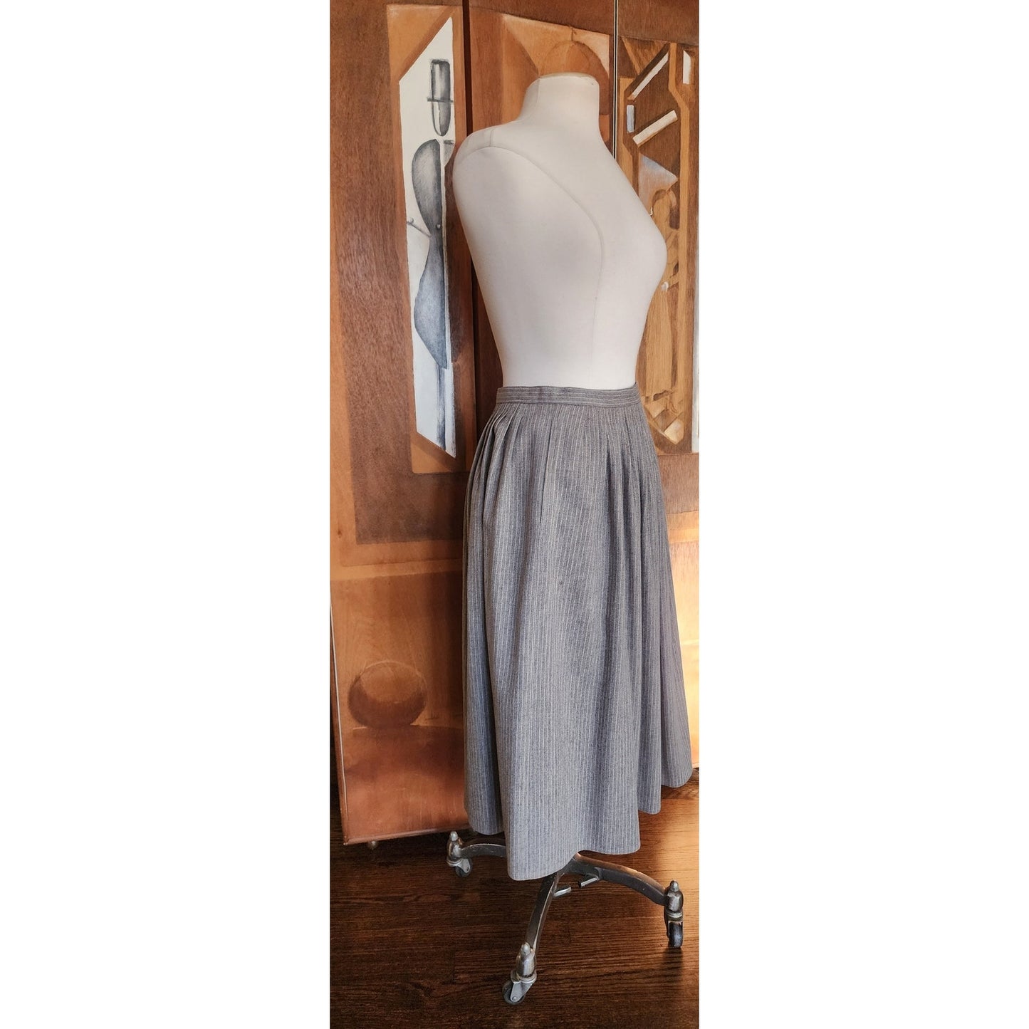 Vintage 70s Geoffrey Beene Bag Midi Skirt Gray Pinstriped Wool A Line / M