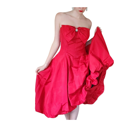 Vintage 80s Red Party Dress Strapless w/ Bubble Skirt & Bow by Climax