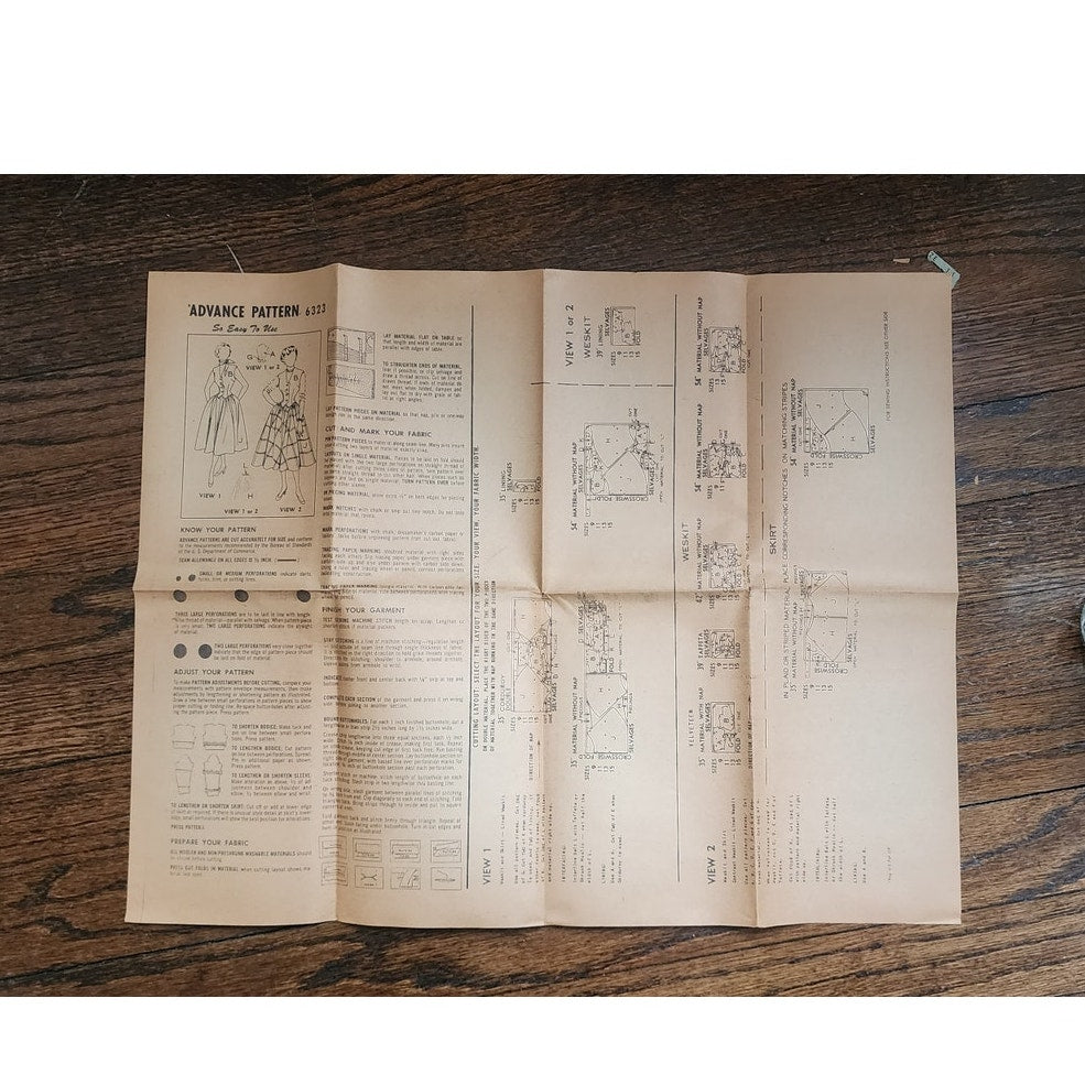 Vintage 50s Sewing Pattern ORIGINAL:  Advance 6323 Womens Skirt + Vest Set