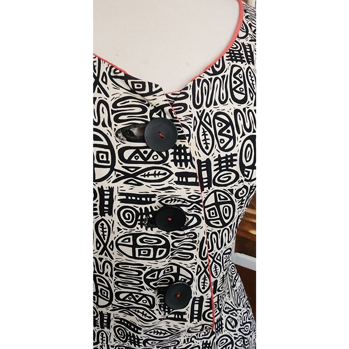 Vintage 50s Black White Abstract Print Fit and Flare Dress Tiki MCM Cotton Print Rockabilly / M