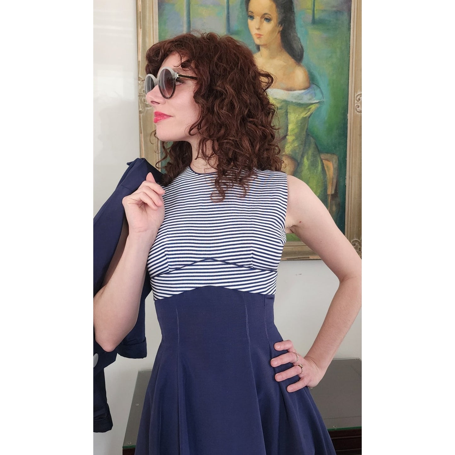 Vintage 1950s Blue Dress Suit Nautical Stripe Cropped Jacket Jerell Jr