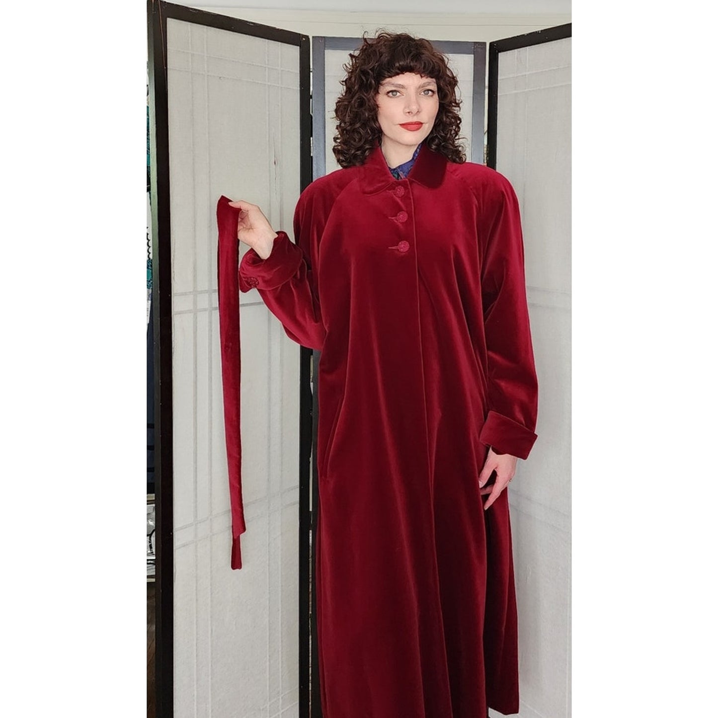 Vintage 80s Red Velvet Coat Raglan Sleeves, Belted