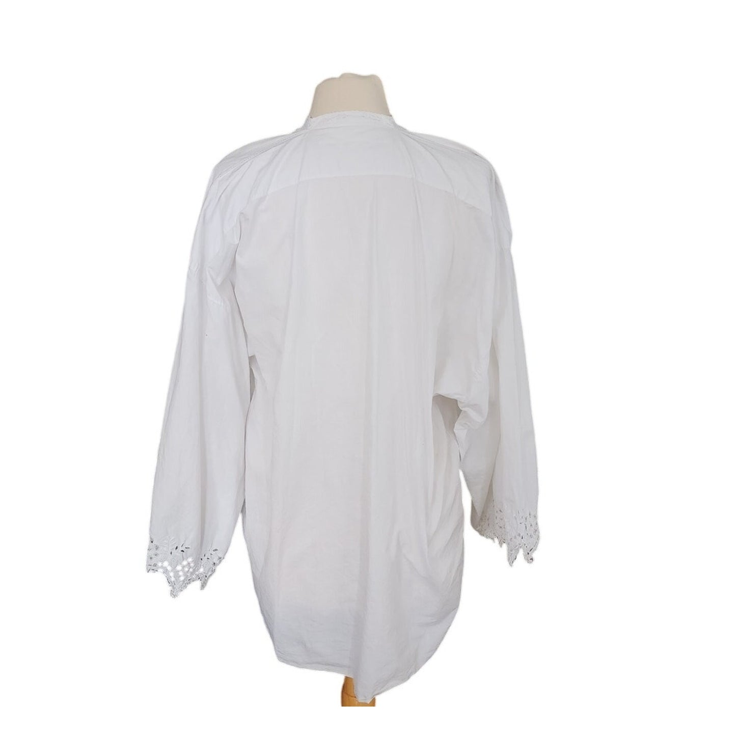 Antique Edwardian Poet's Blouse White Cotton Tunic Shirt w/ Embroidered Crochet Lace Sash Tie