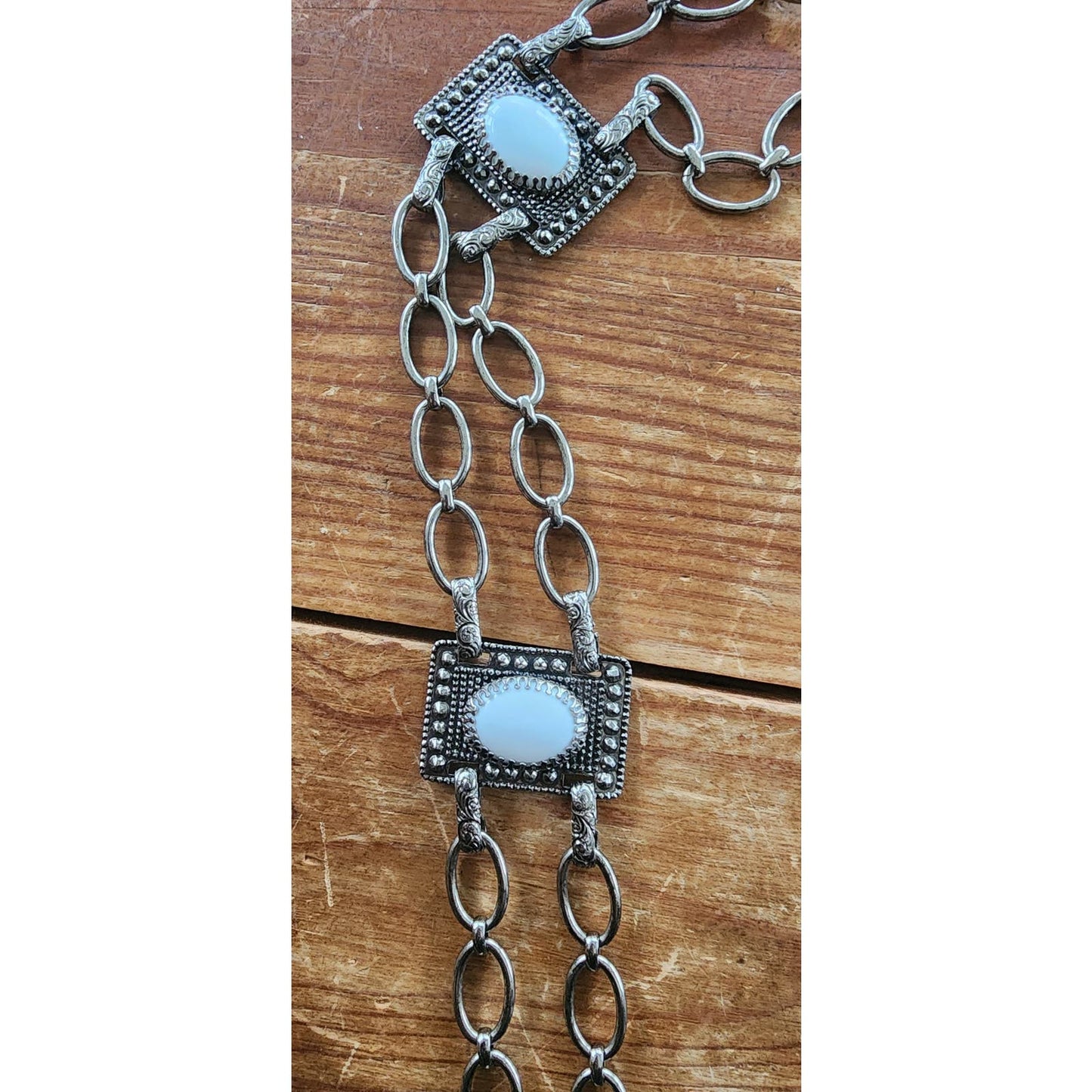 Vintage 60s Chain Belt Silver Link White Enamel