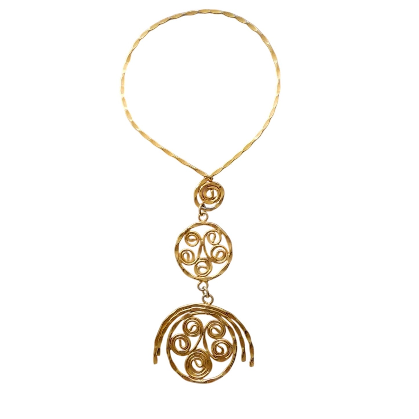 Vintage 70s Gold Necklace Spiral Disc Cascade Ancient Greek Style