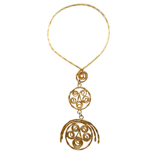 Vintage 70s Gold Necklace Spiral Disc Cascade Ancient Greek Style