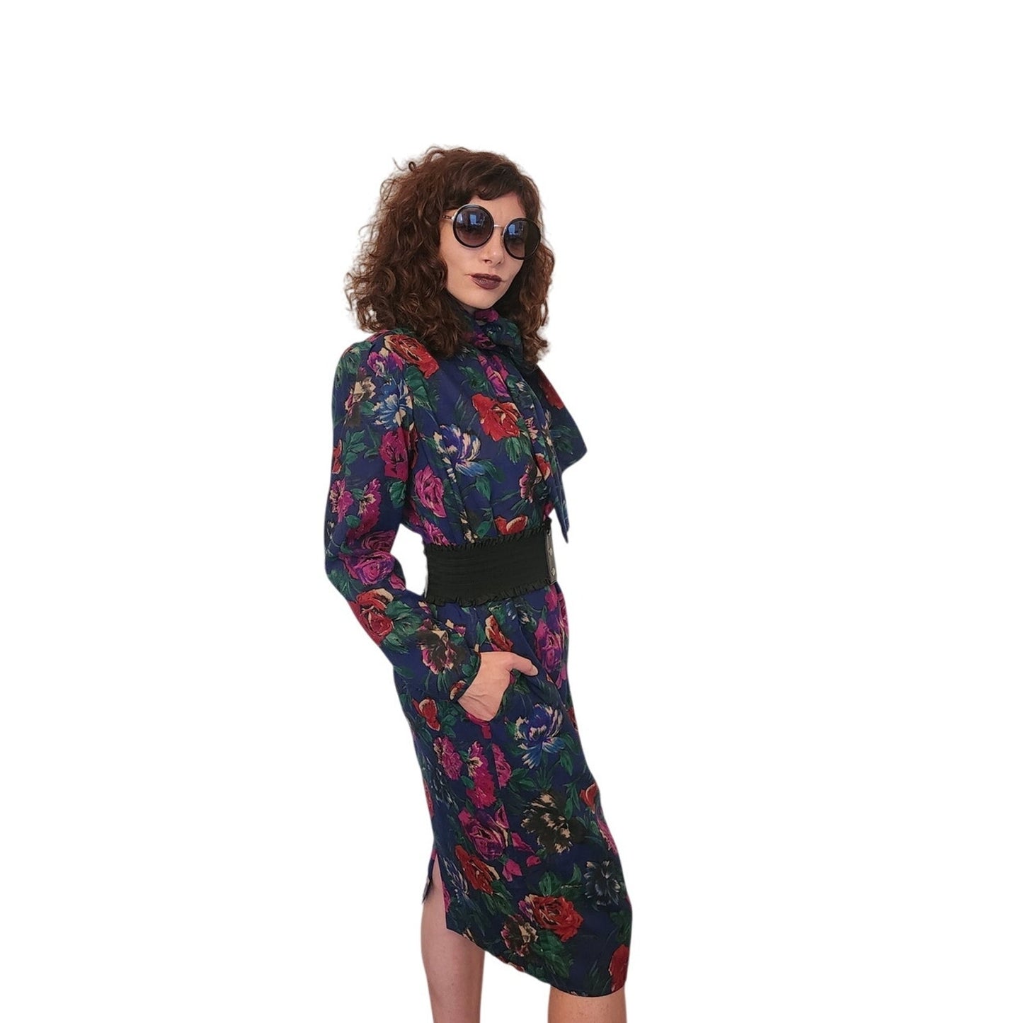 Vintage 80s UNGARO Sac Dress Dark Floral Print Wool w/Sash Necktie / M