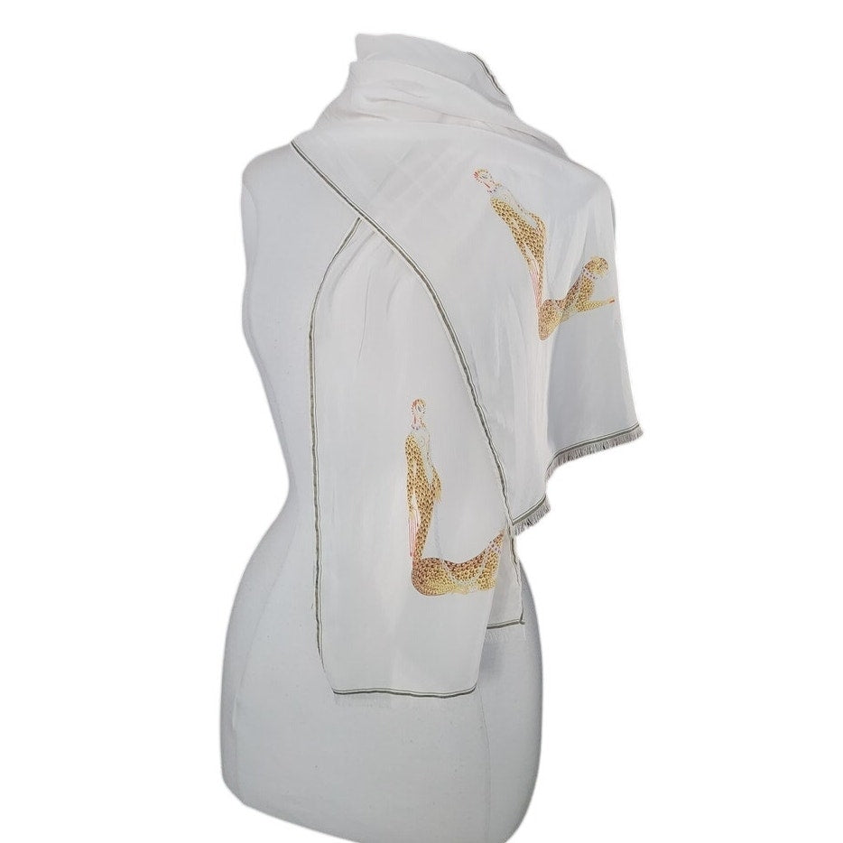 Vintage 1980s Erte Silk Scarf White Gold Art Deco Leopard Lady Letter L Femme Panthere