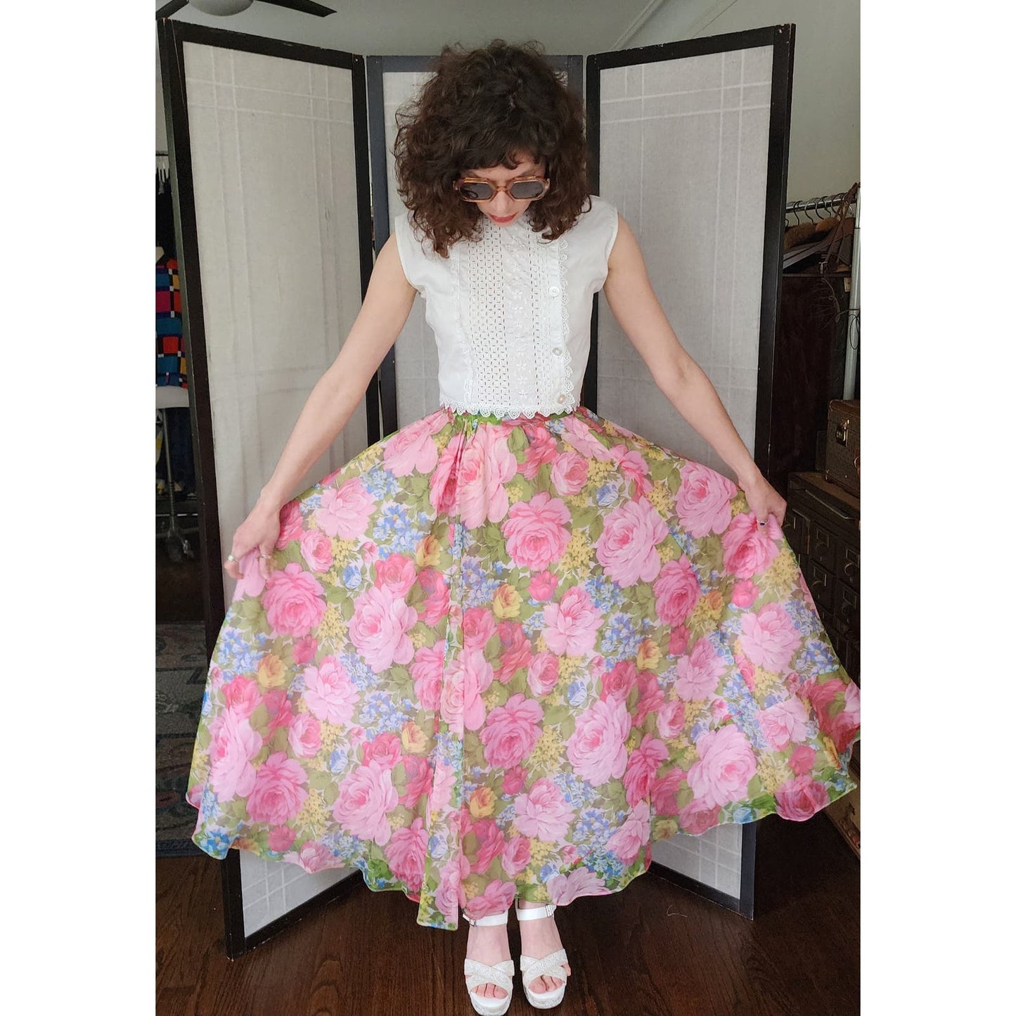 Vintage 70s Maxi Skirt Elastic Waist Pink Floral Print Saks Fifth Avenue