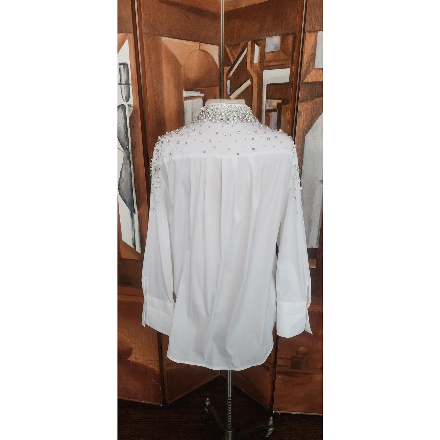 Alice + Olivia White Shirt Embellished Silver Rhinestone Crystal Beads Long Sleeve Button Down