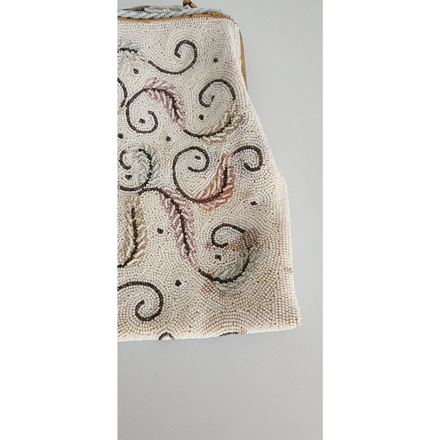 Vintage 50s Evening Bag in White Microbeads France Elaborate Scrollwork Octopus