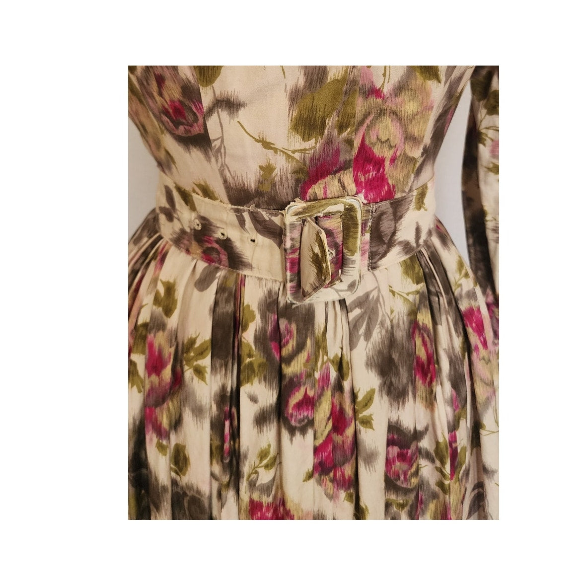 Vintage 1950s Floral Print Dress Belted Button Down Silk Shirtdress Olga / XS