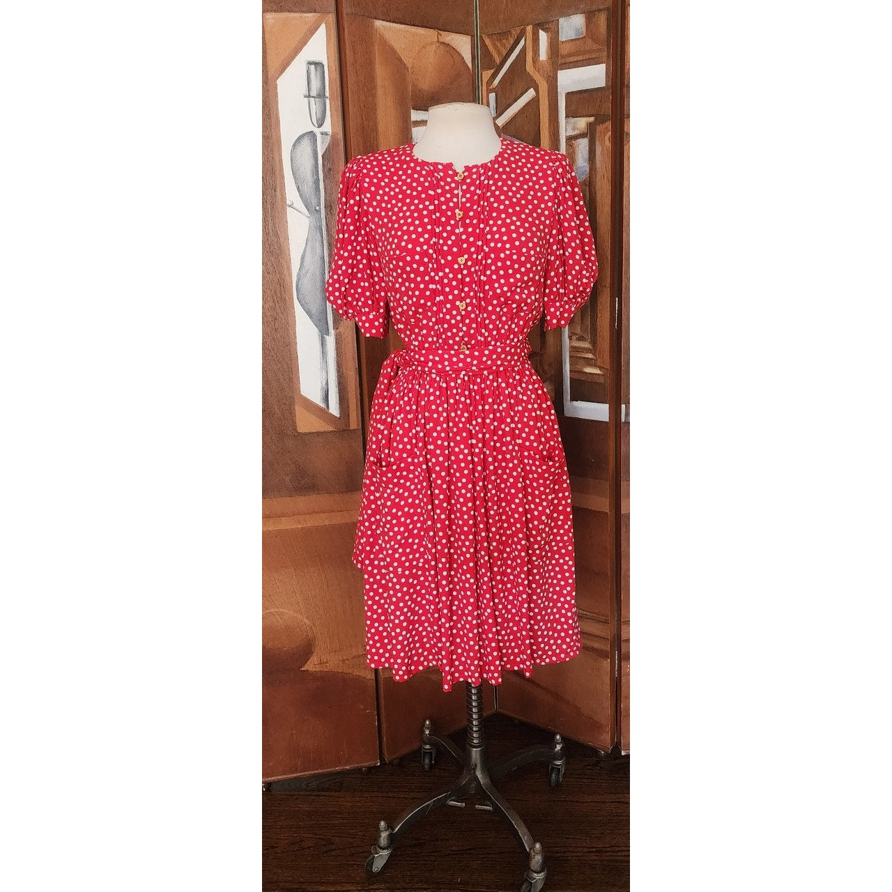 Vintage 1980s Sonia Rykiel Dress Red Polka Dot Rayon Short Sleeved Midi w/Belt