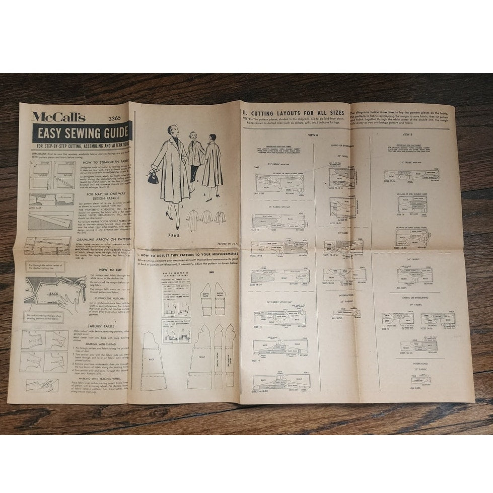 McCall's Sewing Pattern UNCUT ORIGINAL 3365 Ladies Coat Vintage 1950s Swing Style