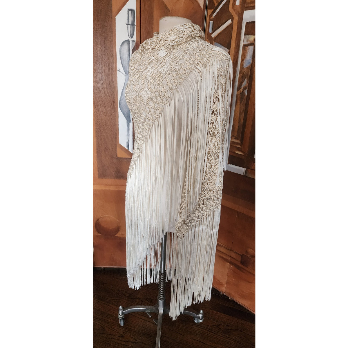Vintage Cream Crochet Lace Piano Shawl Oversized Macrame Silk Ribbon Wrap Fringed