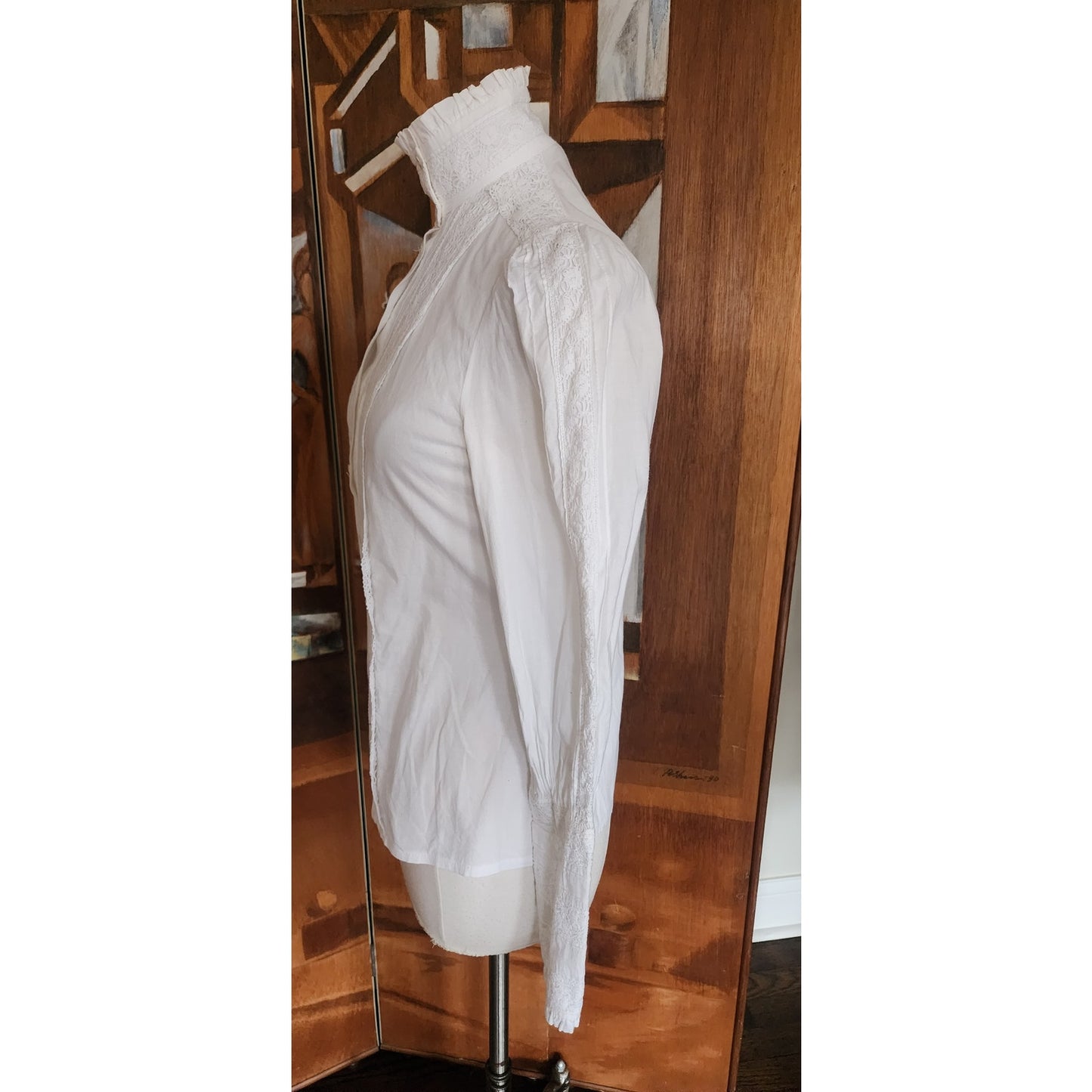 Vintage 80s LAURA ASHLEY White Ruffled Front Blouse Crochet Lace Button Down Shirt High Neckline