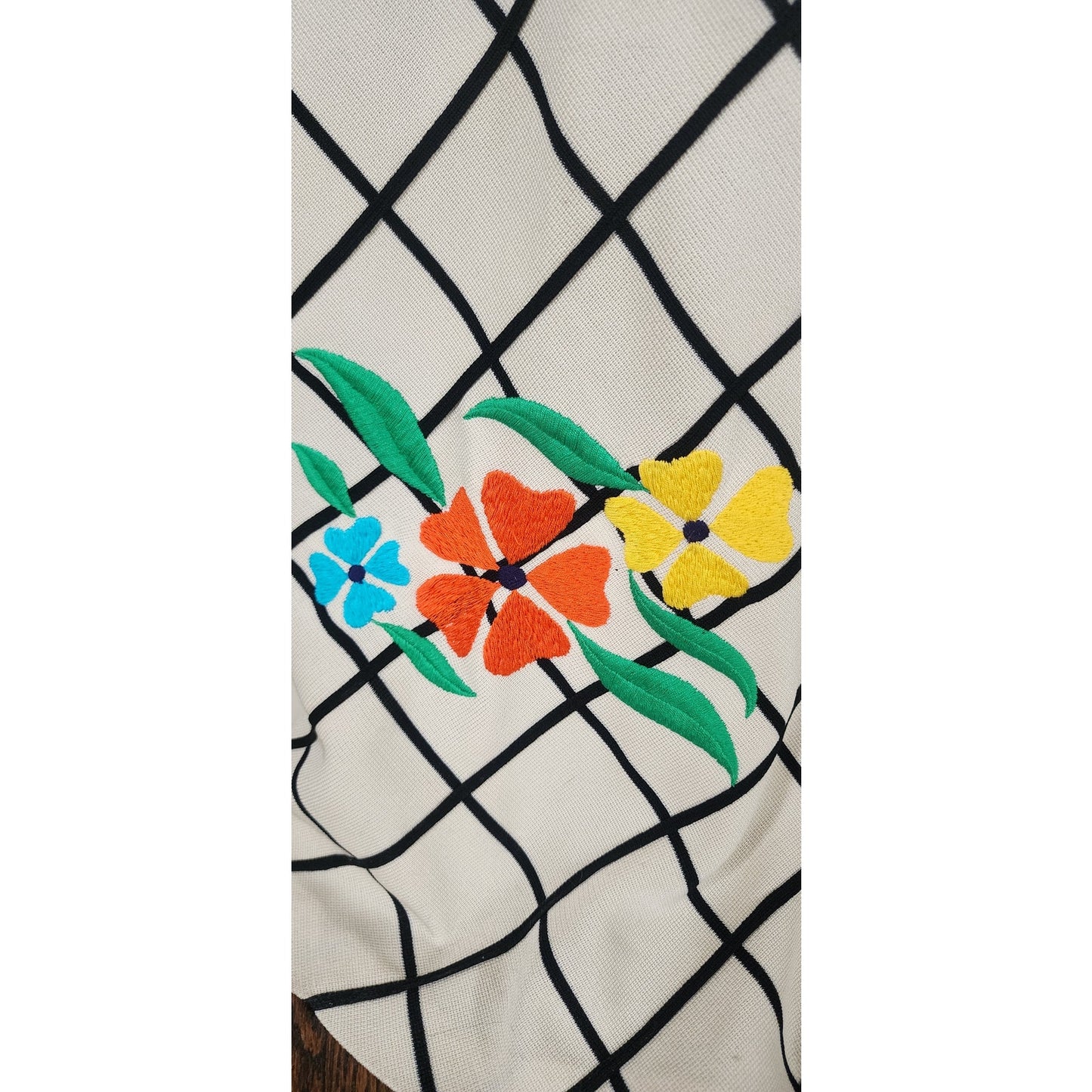 Vintage 70s Boho Maxi Dress Black Knit Top Cream Windowpane Skirt Floral Crissa Italy