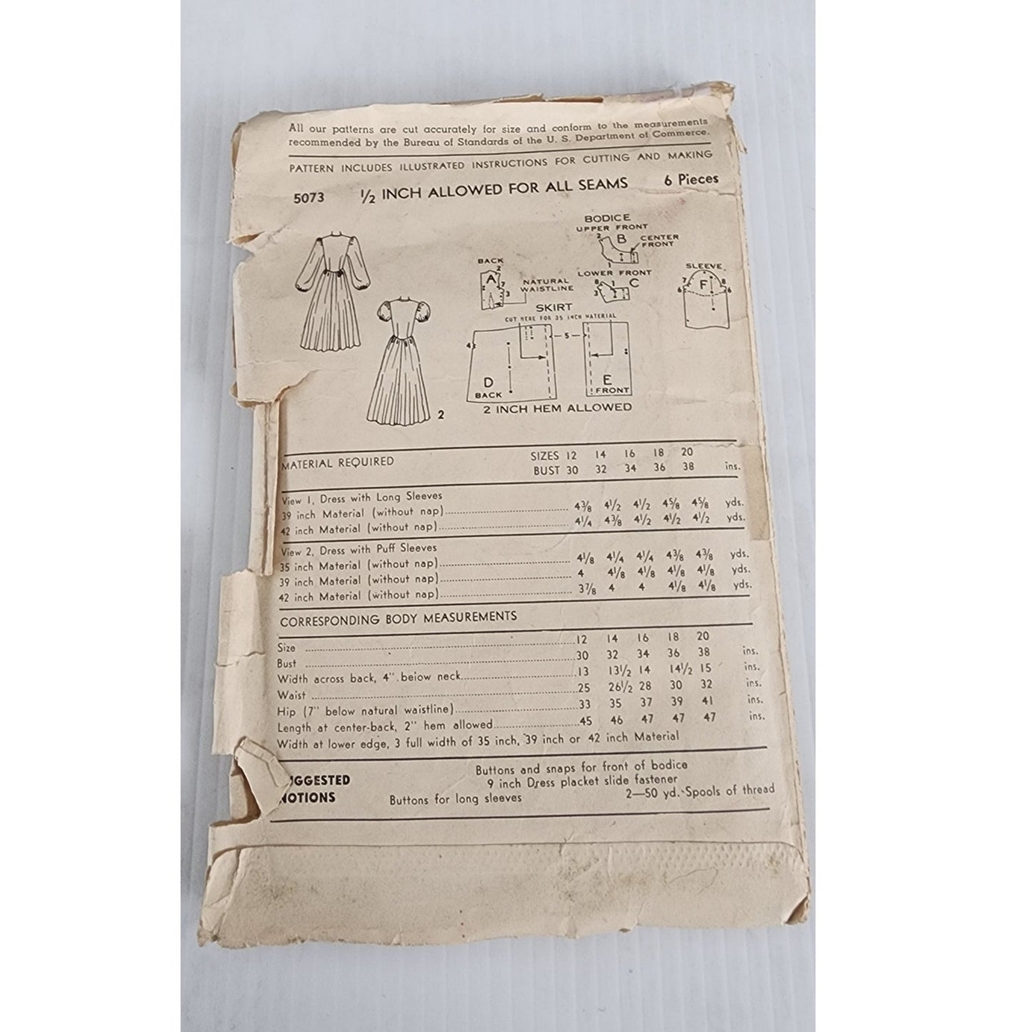 Vintage 40s Sewing Pattern Dress w/Full Skirt Advance 5073