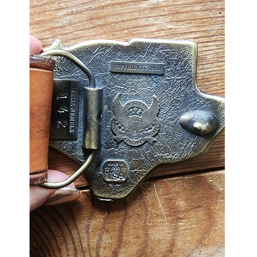 Vintage 1980s Tooled Leather Belt Mens Brass Buckle Texas Lone Star / Great American Buckle Company Chicago 42" - 47"