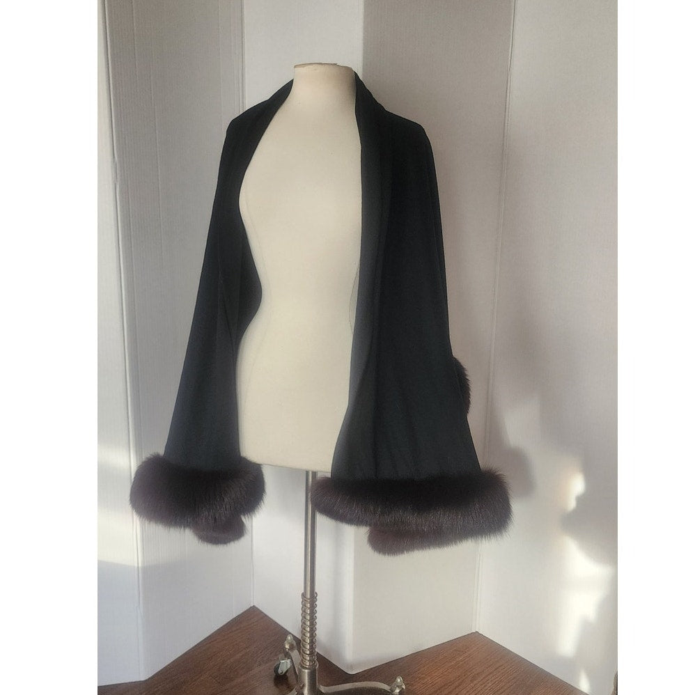 Vintage Sable Fur Lined Wrap in Black Wool