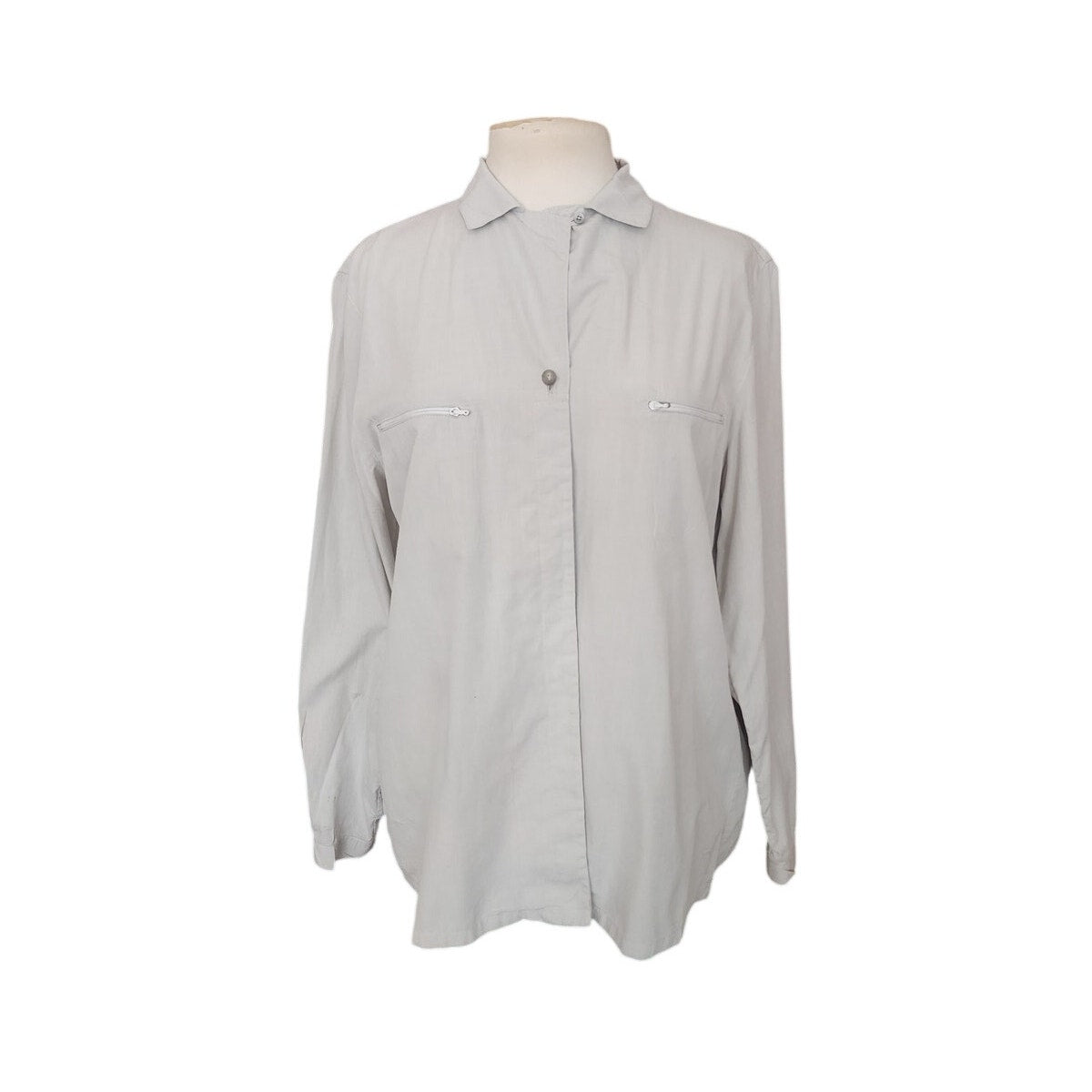Vintage 1990s Prada Shirt Gray Button Down Long Sleeve Blouse Zipper Pockets L