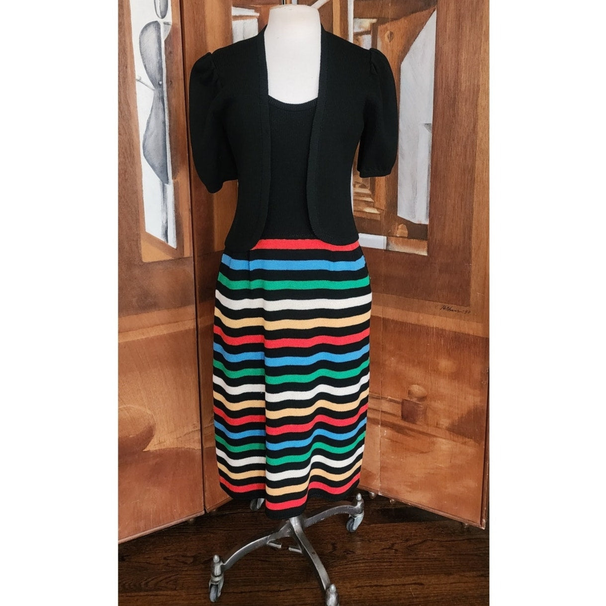 Vintage 70s St John Knit Dress + Bolero Jacket Set Black w/Rainbow Stripe