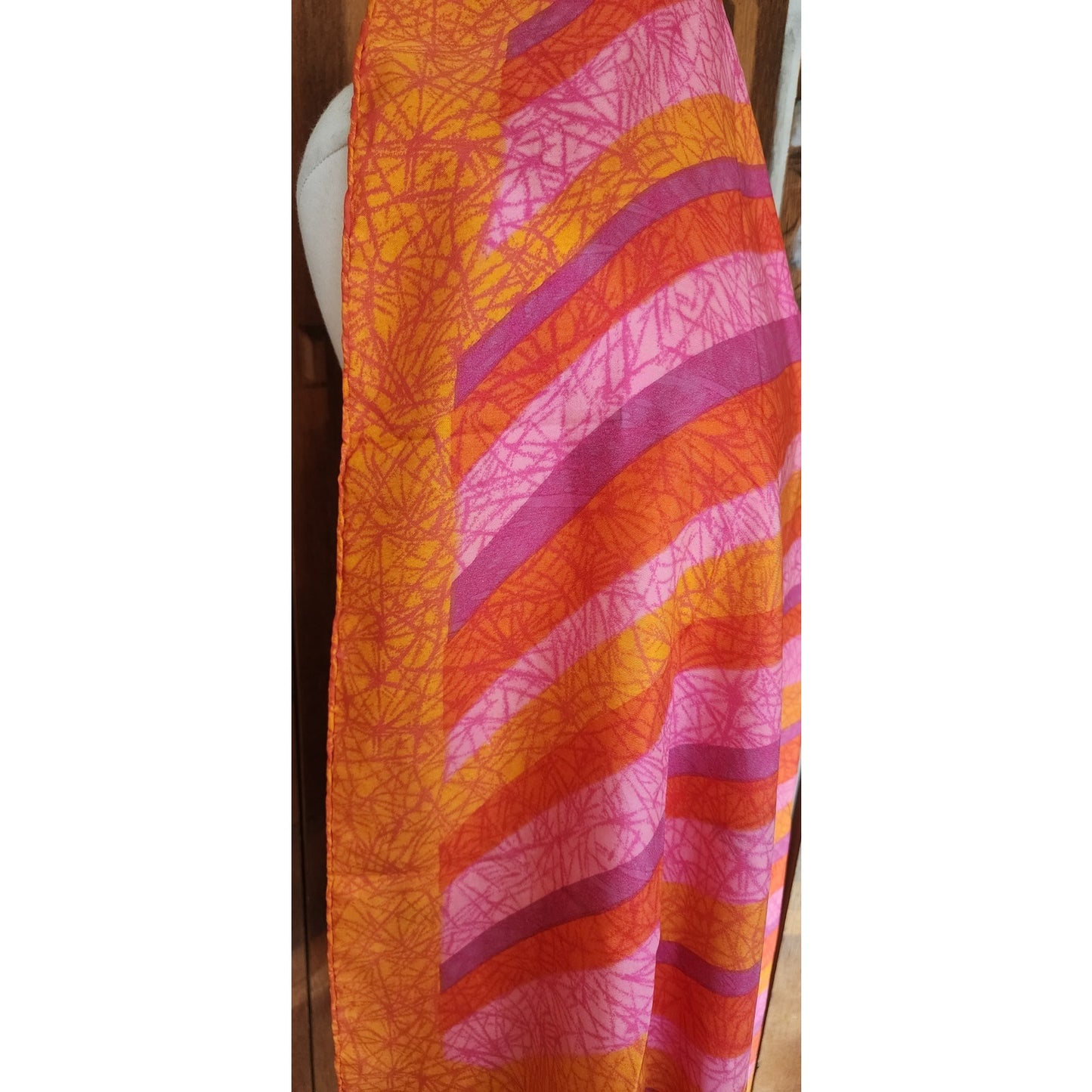 Vintage 70s Liberty of London Silk Scarf Large Orange Pink Diagonal Stripe