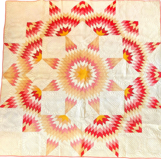 Antique American Quilt 1800s Broken Star Feather Wreath Hand-Quilted Cotton Pink Cheddar