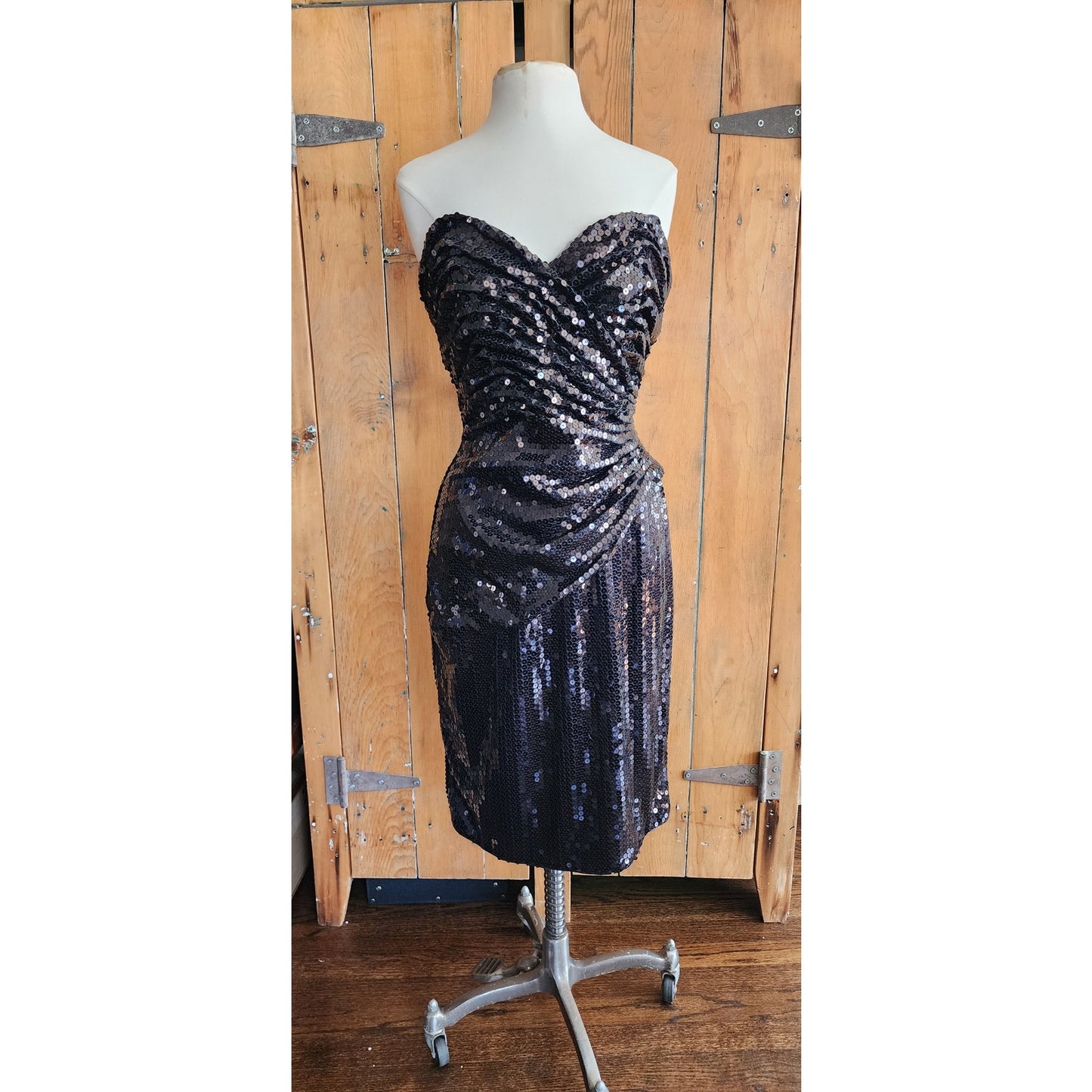 Vintage 80s Tadashi Strapless Dress Black Sequins Ruched Waist