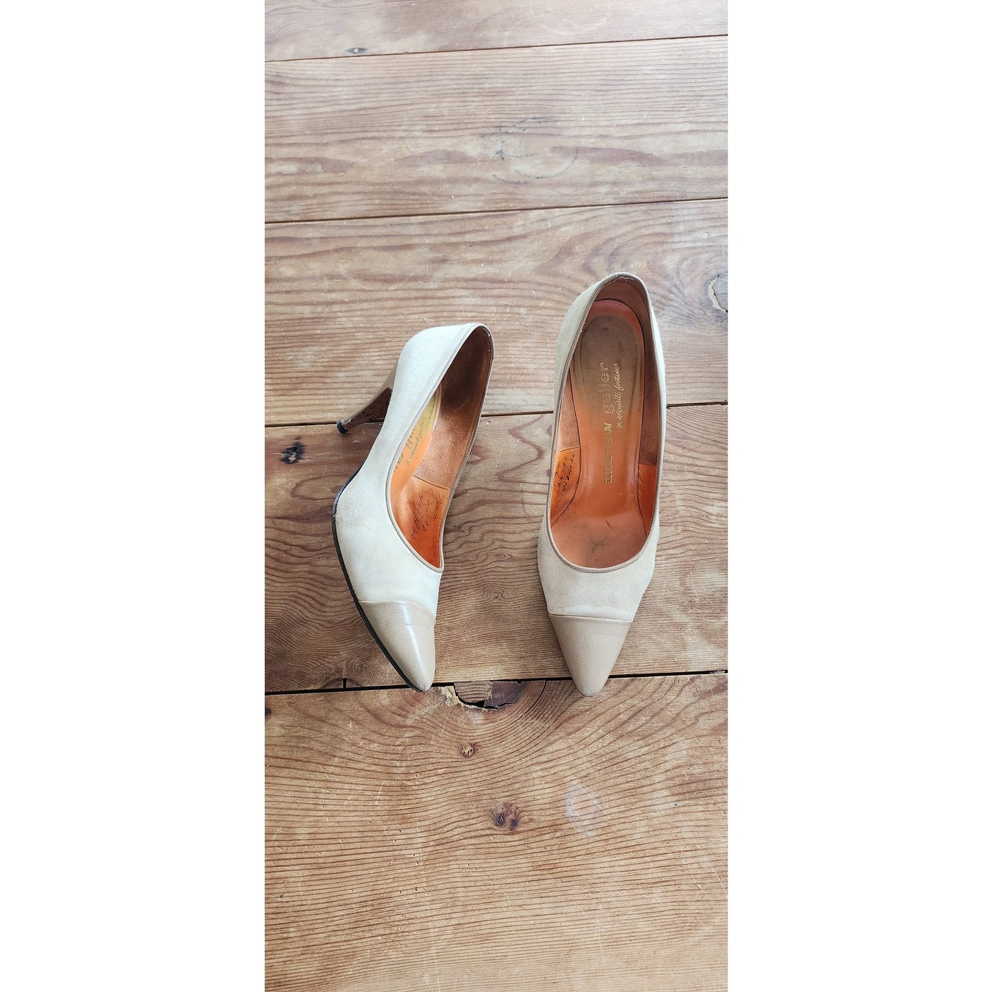 Vintage 50s Beige Shoes High Heels Pointy Toe Andrew Geller Two Toned 8.5