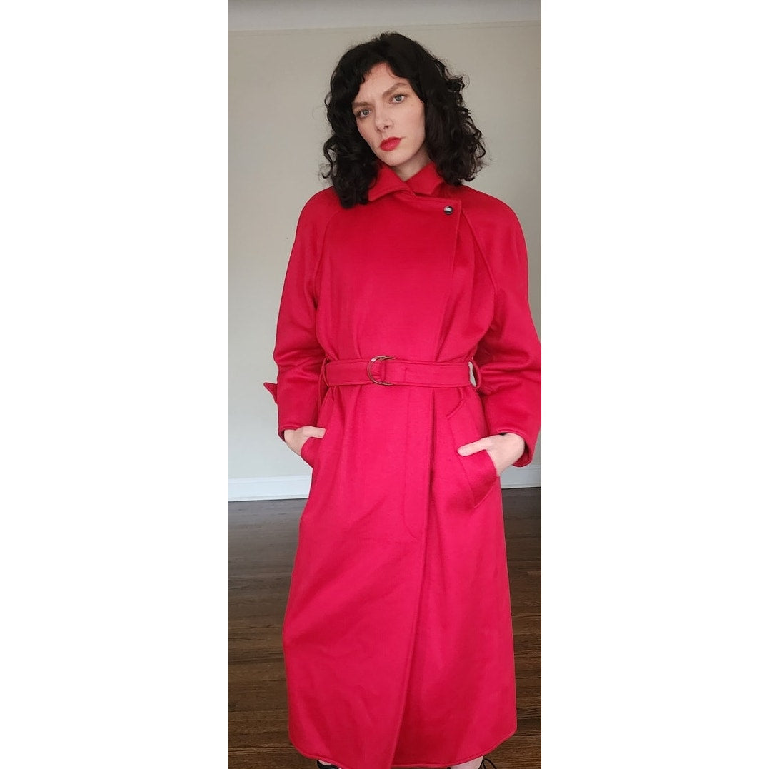 Vintage 1980s Red Wool Coat Long w/Belt Ramosport Paris