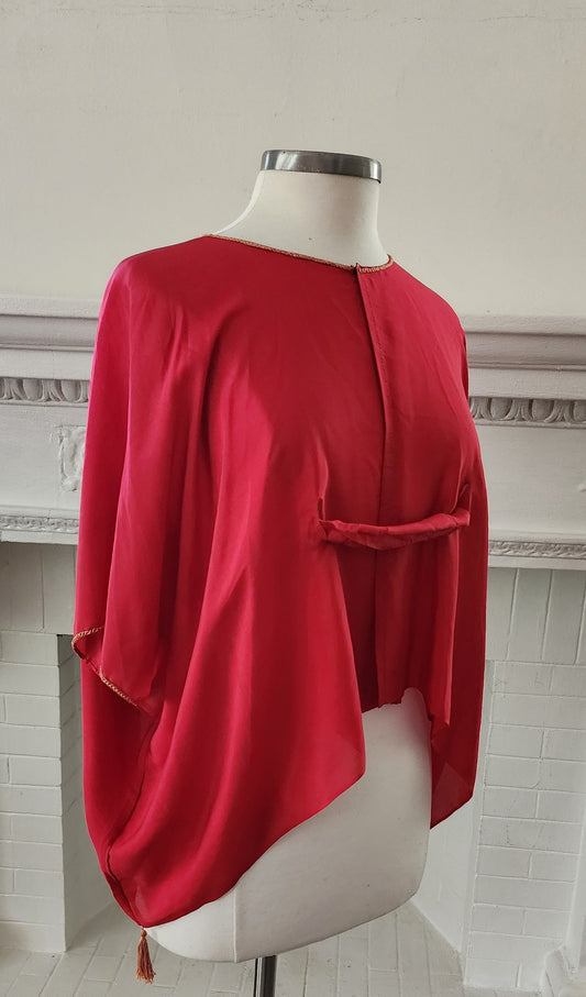 20s Red Silk Blouse Tunic w/Front Belt Sash