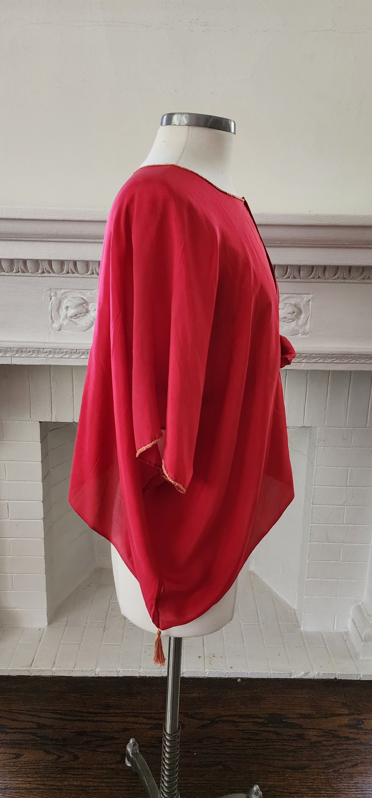 20s Red Silk Blouse Tunic w/Front Belt Sash