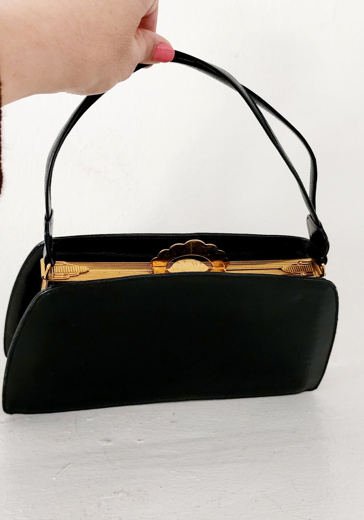 30s Black Leather Bag Gold Art Deco Clasp Evans