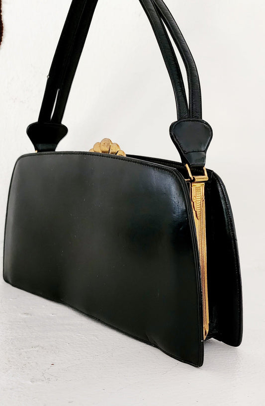 30s Black Leather Bag Gold Art Deco Clasp Evans