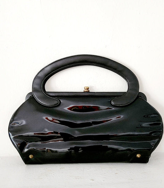 Ladies Vintage 1960s Black Patent Box Bag