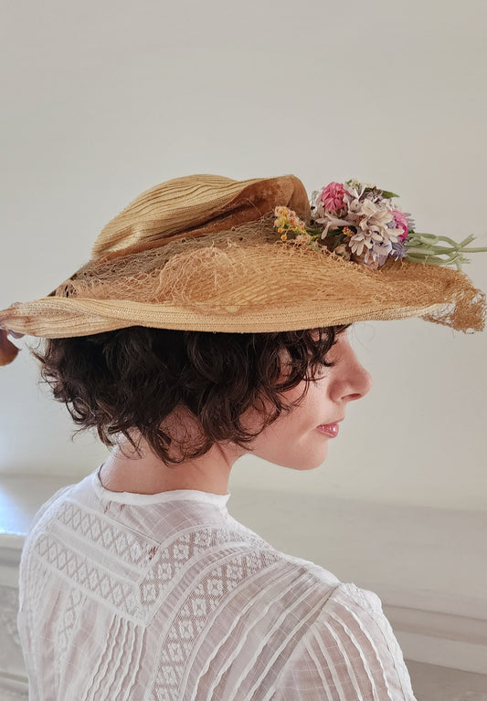 30s Beige Straw Summer Hat - Wide Brimmed with Veil and Flowers