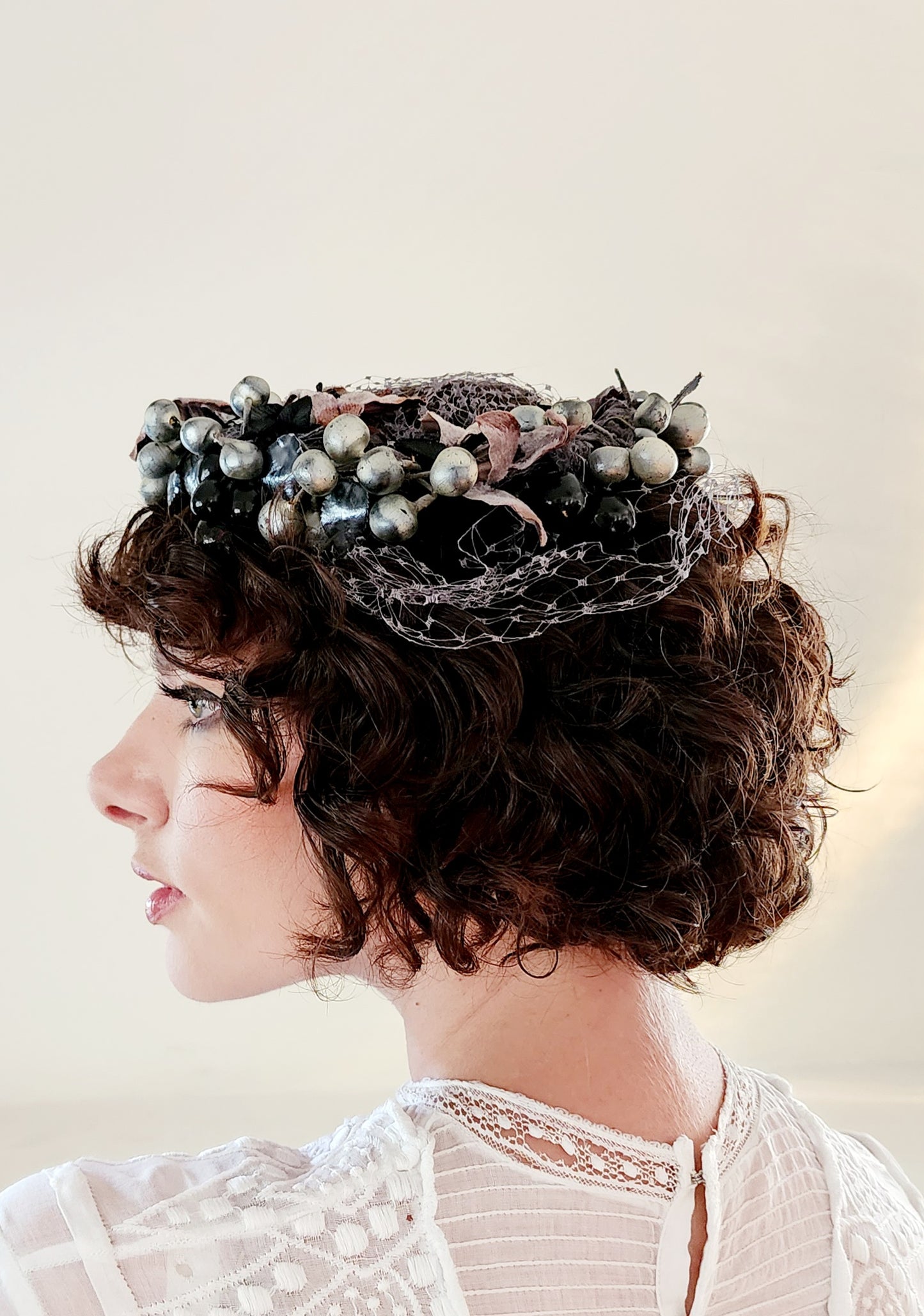 50s Silver Black Floral Crown Fascinator Headpiece Hat