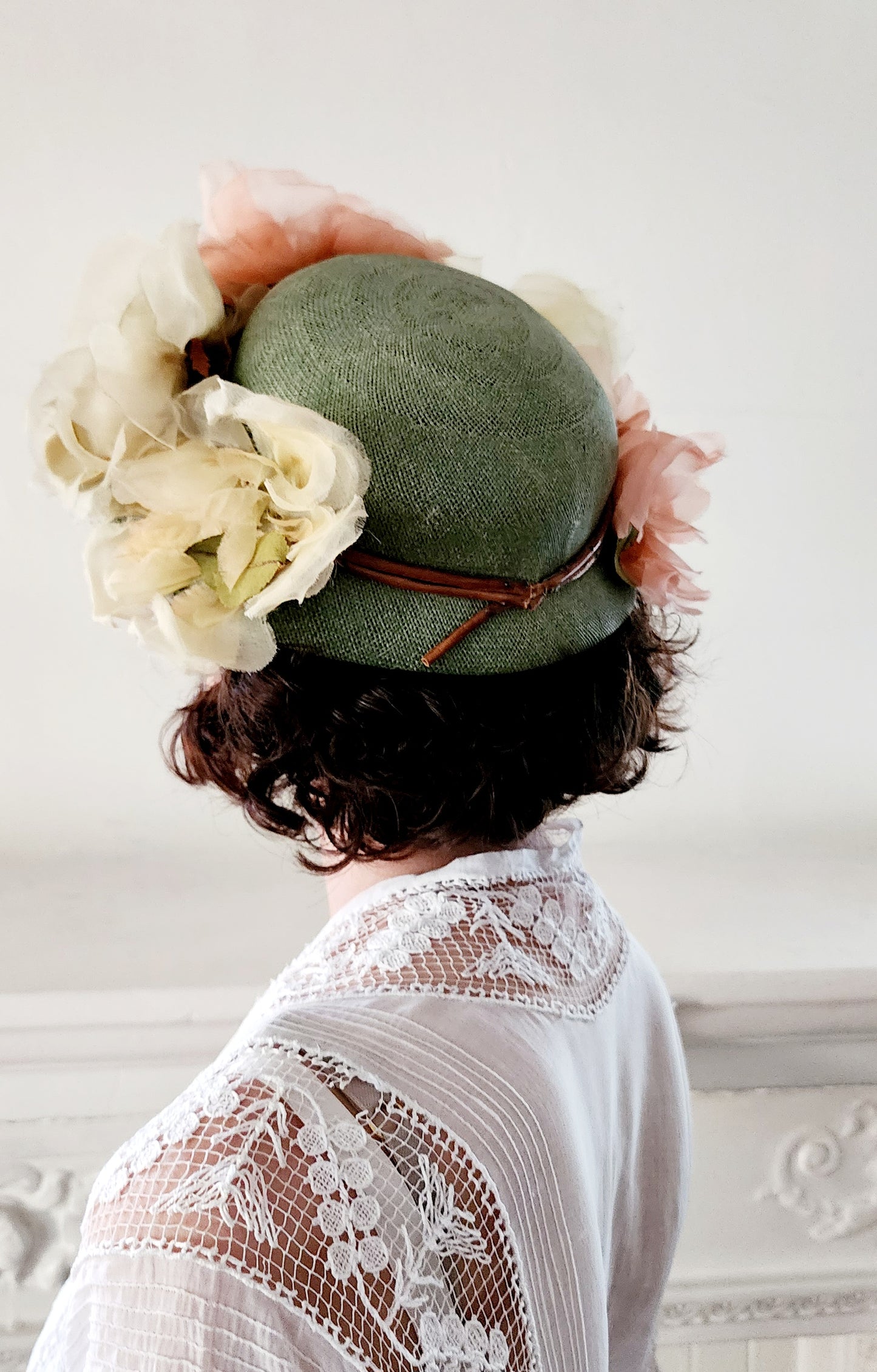 50s Norman Durand Original Pastel Floral Hat Green Straw Summer Spring Garden Party Shabby Chic